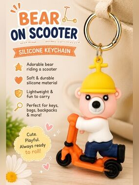Cute Pink Bear on Orange Scooter Silicone Keychain with Yellow Helmet